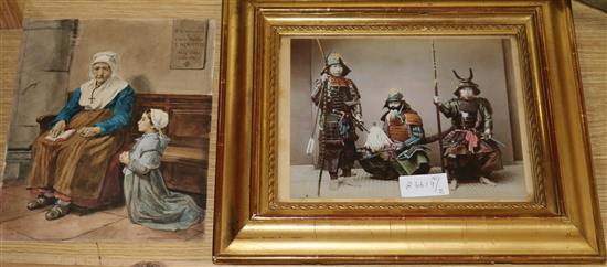 Framed photo of Samurai warriors in gold leaf frame and figurative French watercolour